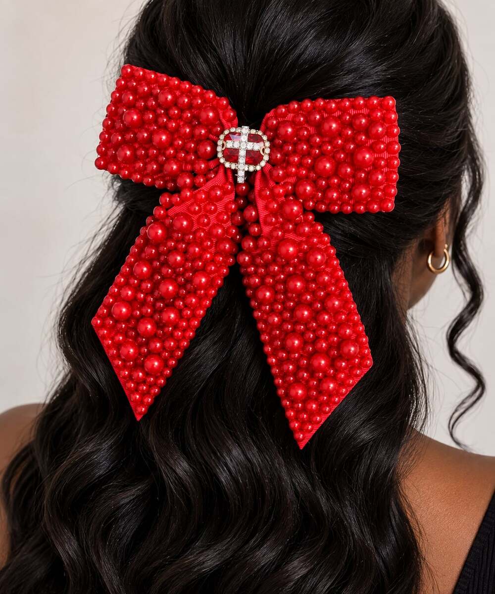 Coquette Glam Red Pearl Beaded Statement Hair Bow Cross